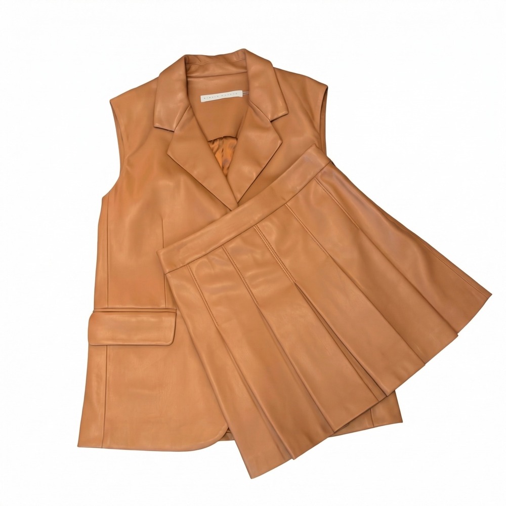 Susana Monaco Faux Leather Vest and Pleated Mini Skirt Set Tan Brown Womens S - Picture 2 of 13